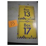 (2) 12" x 12" BOX 13 & 17 OLD METAL IMS SIGNS