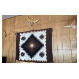 Navajo Style Rug, 3 Wooden Steer Head Wall