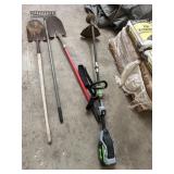 E-go 56v battery string rimmer, 2 shovels, rake