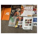 cookbooks, clipboards, diet books, and tote w/lid