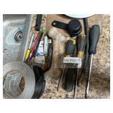 screwdrivers, fleshing tape, hard hat, clipboard