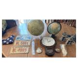 Wall Clock, 2 World Globes, 3 License Plates,