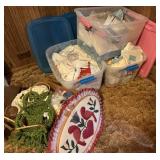 3 Totes/1 Box of Plant Hangers, Stuffed Animals,