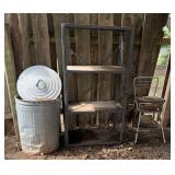 Shelf, Vintage Chair, Trashcan, Rake Heads,