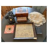 Vintage Phone, Doilies, 1932 Dictionary etc.