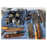 9+/- Fishing Reels, 6+/- Knives w/ Sheaths