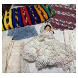 Doll, 2 Afghans, Doily, Table Cloth