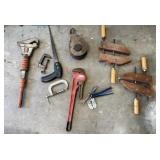 Pipe Wrench, 2 C-Clamps, Pulley, 2 Wood Screw