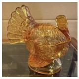 Amber Pressed Glass Turkey Lidded Candy Dish