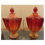 2 Vintage Amberina Glass Covered Candy Dishes