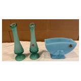 2 Fenton Green Opalescent Bud Vases,