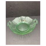 Green Uranium glass bowl, handles & scalloped
