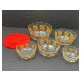 5 clear glass nesting bowls, apple design, w/lids