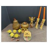 (2) Glass Pumpkins, Candlestick Holders,