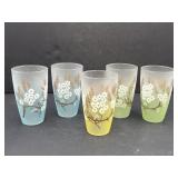 5 Libbey Dogwood frosted glasses.  Blue, green, &