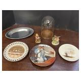Oval metal tray, decorative plates, 2 figurines, &