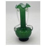 Hand blown green art glass vase w/clear handles