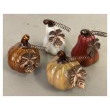 Set of 4 ceramic pumpkins & gourds w/ metal leaves