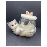 Porcelain kitty & glass fish bowl 3pc cookie jar