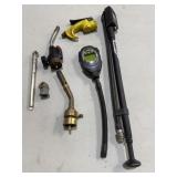 Torch heads, air pump, tire gauges