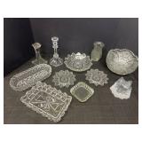 Beautiful designed glass bowls, candlesticks, etc