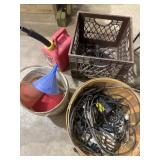 Gas can, funnels, chain, misc wire, Boren crate
