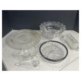 Assortment of clear glass items.  Serving tray,