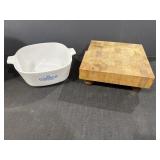 Corning ware  pan & butcher block cutting board