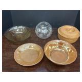 2 Fire-King peach luster bowls,   Yellow Cabbage