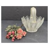 Molded pressed glass basket w/ceramic roses