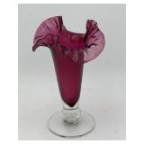 Cranberry/clear ruffled & ribbed glass vase.