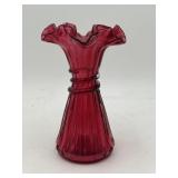 Cranberry pink wheat art glass ruffled edge vase.