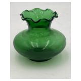 Forest green ruffled edge glass vase, 3.5in tall
