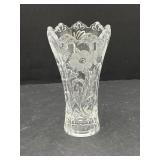 Crystal hand etched vase, frosted flowers, 6.25in