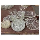 Etched Glass saucers, divided dish, misc glassware
