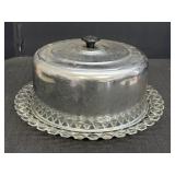 14' waffle pattern glass cake plate & metal dome