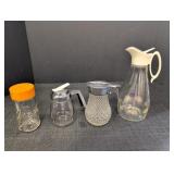 (3) clear glass syrup container's & Tang jar