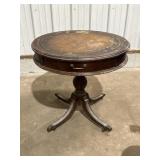 Ant. Drum table w/leather top, 1 drawer, claw feet