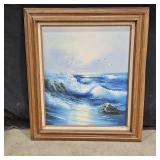 Framed Oil Painting of Crashing Waves by H. Gailey