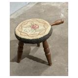Wood milking stool w/Floral Hooked rug seat
