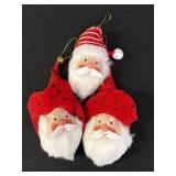 3 vtg fabric Santa head ornaments, 7 & 9in