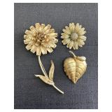 2 Gold Tone Flower & Avon Perfume Leaf Brooches