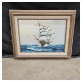 Framed Oil Painting of a Sail Boat at Sea