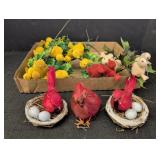 Yellow, Red & White flocked bird decor