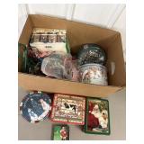 Christmas tins, ribbons & 4 stoneware mugs in