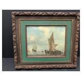 Dutch-style painting  Wood boats w/ sails in