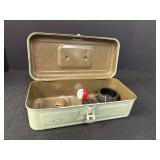 Small metal tackle box w/bobber, line, misc.,