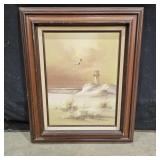 Framed Oil Painting of a Lighthouse & Seascape
