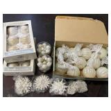 Variety of white Christmas tree decor, balls,