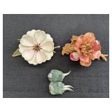 2 Floral & Sea Shell Bird Brooches